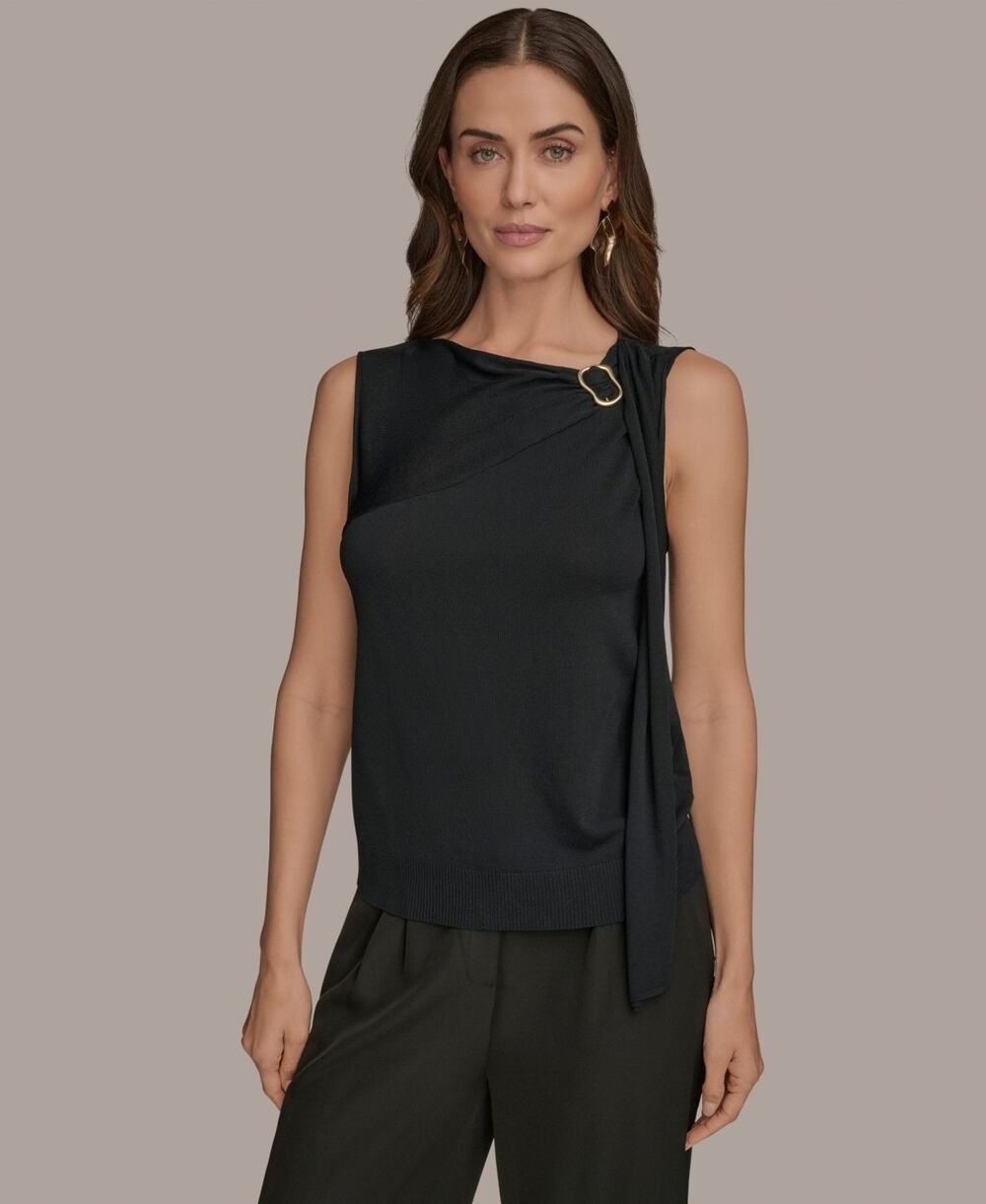 Donna Karan New York Women's Sleeveless Drape-Front Top Black Size L 3742